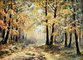 Oil painting landscape - autumn forest, full of fallen leaves