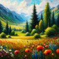 Oil painting. Landscape: Blooming plants and flowers in a beautiful valley in summer. Royalty Free Stock Photo