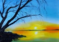 Oil Painting Landscape - Beautiful Lake At Colorful Sunset