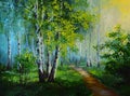 Oil painting landscape - birch forest, abstract drawing