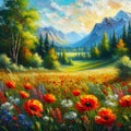 Oil painting. Landscape: Blooming plants and flowers in a beautiful valley in summer. Royalty Free Stock Photo