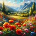 Oil painting. Landscape: Blooming plants and flowers in a beautiful valley in summer. Royalty Free Stock Photo