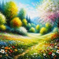 Oil painting. Landscape: Blooming trees and flowers in spring. Royalty Free Stock Photo