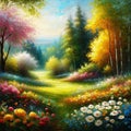 Oil painting. Landscape: Blooming trees and flowers in spring. Royalty Free Stock Photo