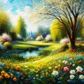 Oil painting. Landscape: Blooming trees and flowers in spring. Royalty Free Stock Photo