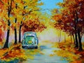 Oil painting landscape - car in the colorful autumn forest road