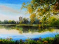 Oil painting landscape - castle near lake, tree over the water Royalty Free Stock Photo