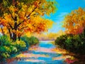 Oil painting landscape - colorful autumn forest