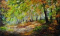 Oil painting landscape - colorful autumn forest