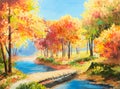 Oil painting landscape - colorful autumn forest