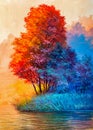 Oil painting landscape - colorful autumn forest Royalty Free Stock Photo
