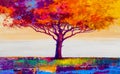 Oil painting landscape. Colorful autumn tree. Abstract style