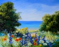 Oil painting landscape - field near the sea, wild flowers