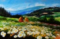 Oil painting landscape - meadow of daisies, art work