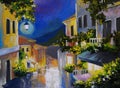 Oil painting landscape - street near the sea, night city, lantern