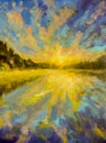 Oil painting landscape - Sunset dawn over lake water river sea. The rays of sun reflected in water. Green Forest Royalty Free Stock Photo