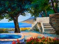 Oil painting landscape - terrace near the sea, flowers