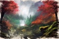 Oil painting landscape waterfall in autumn forest Royalty Free Stock Photo