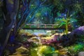 Oil painting landscape with wooden bridge over creek in forest Royalty Free Stock Photo