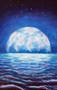 Blue night sea oil painting - dark tree on background large glowing moon reflected in sea waves - fantasy art illustration Royalty Free Stock Photo