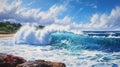 Realistic Hyper-detailed Painting: Red Sea Waves Crashing Onto Waimea Bay Shore