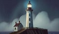 Oil painting of lighthouse at seashore at night. Dark sky and sea water Royalty Free Stock Photo