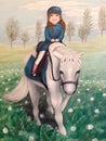 Oil painting of a little girl riding on a white pony in a meadow, child, animal Royalty Free Stock Photo