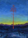 Oil Painting. A lonely standing pine in a mountainous