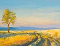 Oil painting of lonely tree in summer field landscape during bright clear day with blue sky Royalty Free Stock Photo