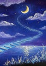 Oil painting Magic road to the moon. Night seascape with beautiful clouds