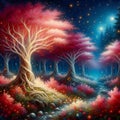 Oil painting of a magical forest, with sparkling stars in night sky, pink leaves tree, magic lights, red wild flowers, fantasy art Royalty Free Stock Photo