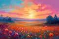 Oil painting meadow landscape at sunset. Field with poppies, dandelions and daisies. Impressionist style. Royalty Free Stock Photo