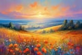 Oil painting meadow landscape at sunset. Field with poppies, dandelions and daisies. Impressionist style. Royalty Free Stock Photo