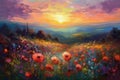 Oil painting meadow landscape at sunset. Field with poppies, dandelions and daisies. Impressionist style. Royalty Free Stock Photo