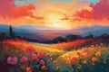 Oil painting meadow landscape at sunset. Field with poppies, dandelions and daisies. Impressionist style. Royalty Free Stock Photo