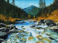 Oil Painting - mountain river, rocks and forest, abstract drawing