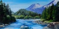 Oil Painting - mountain river, rocks and forest, abstract drawing Royalty Free Stock Photo