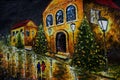 Oil painting - night evening city, yellow houses, white lights, people, wet road, reflection