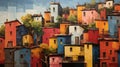 Oil painting of an old colorful town, impasto style