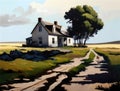 An oil painting of an old farmhouse in the countryside. AI generation