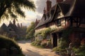 Oil painting of an old fashioned quintessential English country village in a rural landscape setting Royalty Free Stock Photo