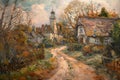 Oil painting of an old fashioned quintessential English country village in a rural landscape setting with an Elizabethan Tudor Royalty Free Stock Photo