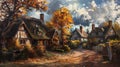 Oil painting of an old fashioned quintessential English country village in a rural landscape setting with an Elizabethan Tudor Royalty Free Stock Photo