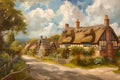 Oil painting of an old fashioned quintessential English country village in a rural landscape setting with an Elizabethan Tudor