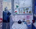 Oil painting of an old lady looking out her kitchen window