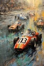 oil painting of an old racing car, suitable for a wall panel