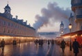 Oil painting of the old town of the 19th century in the evening with lanterns in the impressionist style with fog and smoke Royalty Free Stock Photo