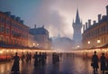 Oil painting of the old town of the 19th century in the evening with lanterns in the impressionist style with fog and smoke Royalty Free Stock Photo