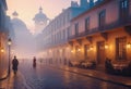 Oil painting of the old town of the 19th century in the evening with lanterns in the impressionist style with fog and smoke Royalty Free Stock Photo