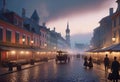 Oil painting of the old town of the 19th century in the evening with lanterns in the impressionist style with fog and smoke Royalty Free Stock Photo